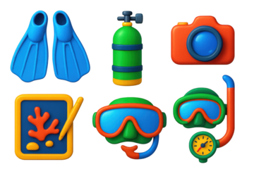 Set of six colorful plastic figures of scuba gear and a camera