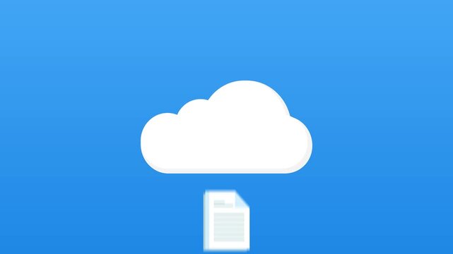 Upload document to cloud storage flat animation with smooth motion from bottom to cloud on blue background. 4K animated for upload document, data transfer cloud storage, and explainer motion graphics.
