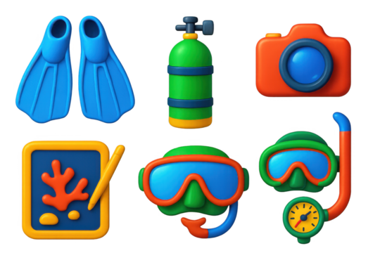 Set of six colorful plastic figures of scuba gear and a camera