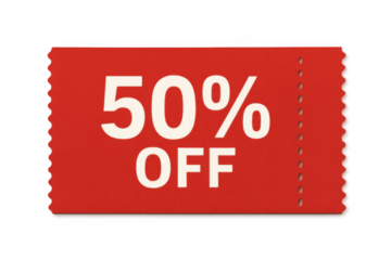 Red coupon offering 50% discount for retail promotion, sales marketing, and shopping savings on transparent background