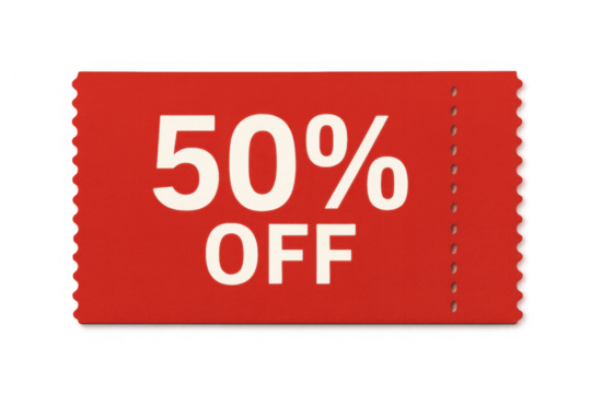 Red coupon offering 50% discount for retail promotion, sales marketing, and shopping savings on transparent background - Powered by Adobe