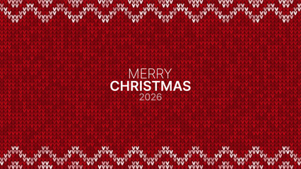Merry Christmas 2026 text on red knitted background with white nordic pattern for holiday celebration greeting card and winter banner design