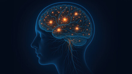An illustration shows a side profile of a human head with a glowing brain. The brain is lit up with bright spots, symbolizing active thoughts and creativity