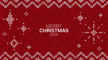 Fototapeta na wymiar Red knitted background with Merry Christmas 2026 text. Ugly sweater texture with winter snowflake pattern for holiday banner or greeting card.