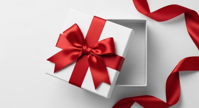 Open white gift box with red ribbon on white background