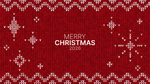 Red knitted background with Merry Christmas 2026 text. Ugly sweater texture with winter snowflake pattern for holiday banner or greeting card. - Powered by Adobe
