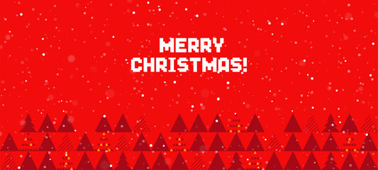 Red Christmas vector background with pixel font merry Christmas text and abstract tree pattern. Holiday season digital greeting card design.