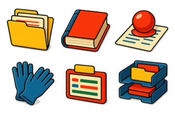 Set of six icons for office supplies, including a stapler, a book, a folder