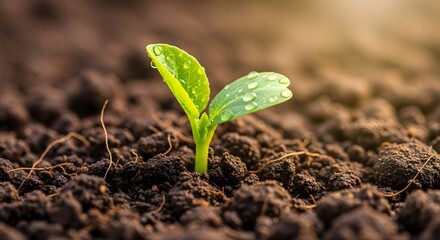 Young green plant sprouting from dark soil in sunlight  