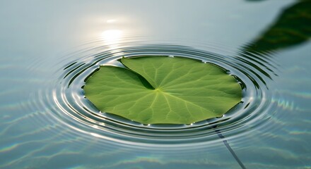 Lotus leaf floating on water surface with ripples and sunlight  