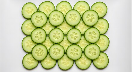 Sliced cucumbers arranged in a grid pattern on a white background  