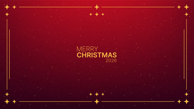 Red christmas background with golden frame and stars with merry christmas 2026 text. Festive design for greeting card or banner.
