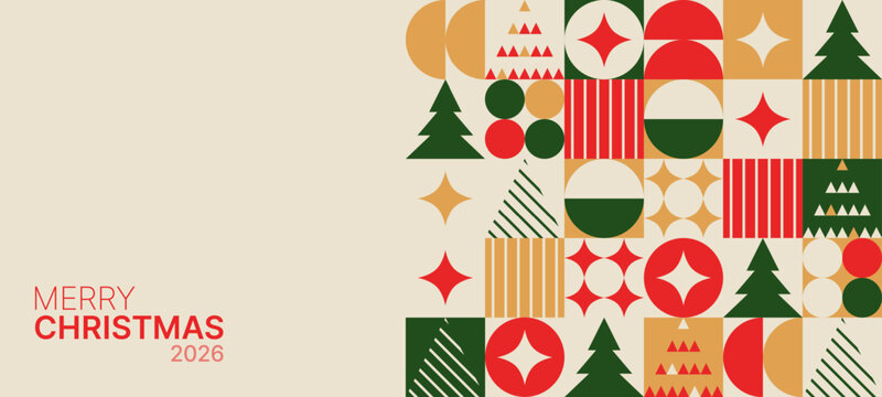 Merry Christmas 2026 greeting card with geometric pattern and holiday elements. Modern vector design for celebration postcard or banner.