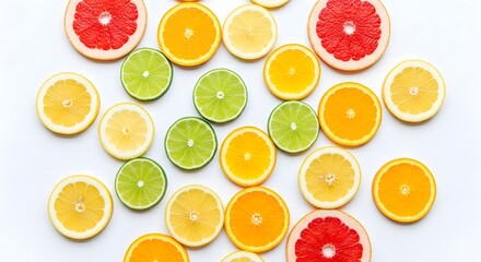 Colorful citrus fruit slices arranged on white background  