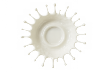 Milk splash crown creating abstract ripple patterns from top view, dropping white liquid dairy product, transparent background