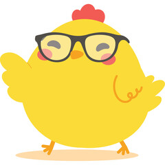 A Cute Yellow Cartoon Chick Wearing Glasses and Waving Its Wing with a Transparent Background
