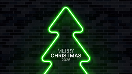 Neon green Christmas tree outline with Merry Christmas 2026 text on a dark brick wall background for holiday greeting card design