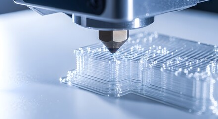 3D printer nozzle creating clear plastic object on build plate  