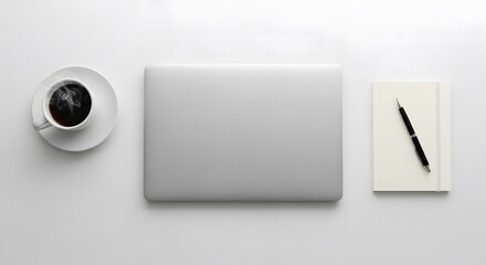 Laptop with notebook and coffee cup on minimalist desk surface  