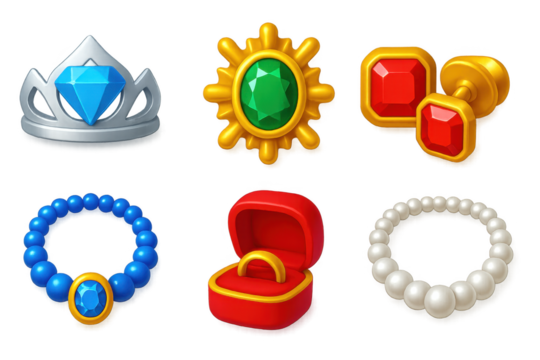 Luxury Jewel Icons. 3D icon set of luxury jewel items: diamond tiara, emerald brooch, ruby cufflinks, sapphire necklace, gold ring