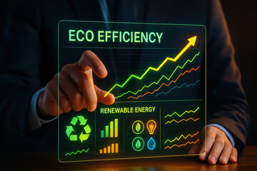 Eco efficiency is represented through digital display showcasing renewable energy trends and growth. image highlights graphs and symbols related to sustainability, emphasizing importance of eco