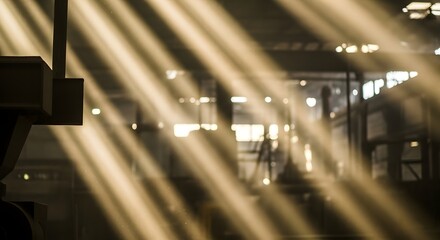 Industrial interior with sunlight streaming through beams and shadows  