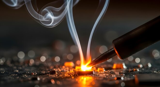 Soldering iron melting solder with smoke rising on circuit board   - Powered by Adobe