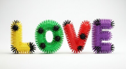 The image features the word 'LOVE' constructed from colorful, spiky letters. Each letter is uniquely shaped and textured, creating a playful and vibrant visual.