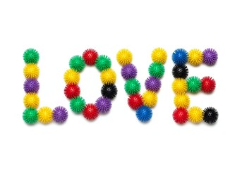 The image features the word 'LOVE' creatively arranged using colorful spiky rubber balls. The background is plain white, emphasizing the vibrant colors of the balls.