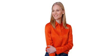 Blonde woman in orange shirt smiling happily looking away, cheerful portrait with transparent background