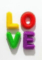 The image features the word 'LOVE' spelled out in colorful, spiky letters made from plastic material. Each letter is distinct in color and texture, set against a clean white background.