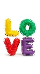 The image features the word 'LOVE' constructed from colorful, spiky plastic letters. Each letter is uniquely colored and textured, set against a plain white background.