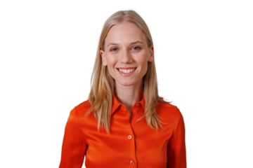 Happy young blonde woman smiling, wearing an orange shirt, looking at camera, feeling joy and confidence, transparent background