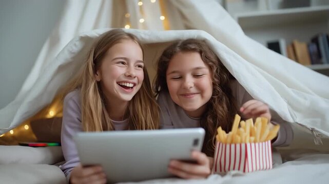 Two happy girls laughing while watching a movie on a tablet. Friends eating french fries in a cozy teepee tent during a sleepover. Childhood friendship and digital entertainment