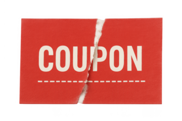 Red coupon voucher showing a torn paper for discount, sale, and savings with a transparent background