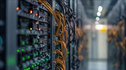 An indoor view of a server room containing numerous servers with lights on their fronts. - Powered by Adobe