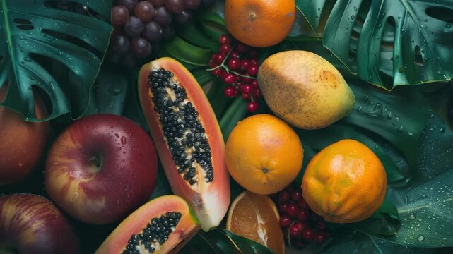 A vibrant display of assorted fruits and berries on a leafy background, with focus on the unique and tropical starfruit.