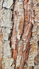 Detailed full-frame close-up of rough, textured tree bark in shades of brown and gray, with cracks