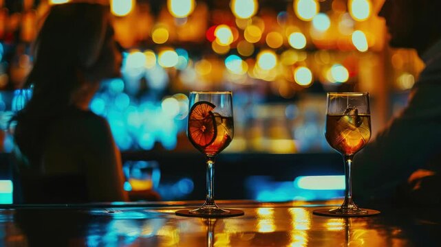 A man and woman seated at a bar with drinks in hand, enjoying each other's company.