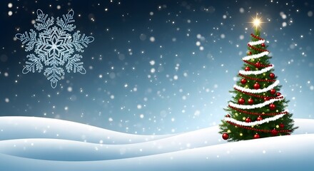 Christmas tree and snowflake in a winter wonderland with falling snow.