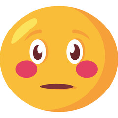A distressed yellow emoji with blushing cheeks and wide eyes looks forward with a small open mouth against a clean white background in this graphic illustration
