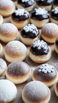 A delightful assortment of baked goods, including pastries sprinkled with powdered sugar and topped with chocolate. The perfect dessert for any occasion.