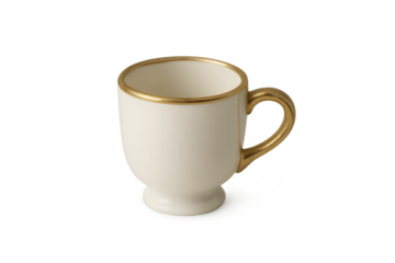 Porcelain teacup with gold rim and handle on transparent background