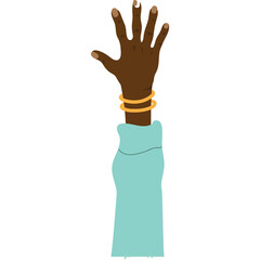 A Detailed Illustration of a Raised Dark Skinned Hand Wearing Golden Bangles and a Teal Long Sleeve Shirt Against a Transparent White Background