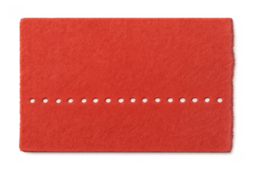 Blank red felt textured tag or label with perforated tear-off line for pricing or information, transparent background