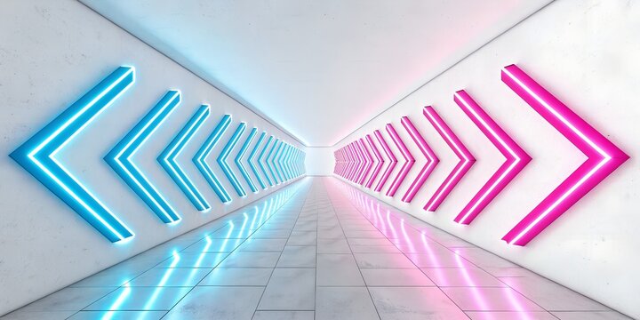 Futuristic corridor with contrasting blue and pink neon arrow lights