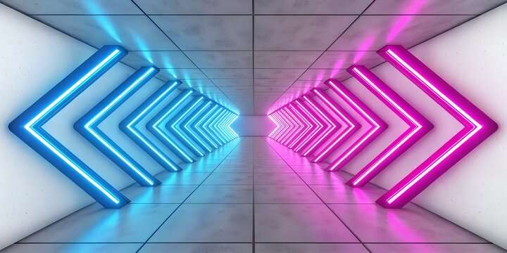 Futuristic tunnel with vibrant blue and pink neon lights. - Powered by Adobe