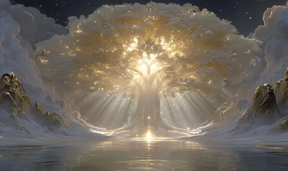 Papier peint photo Chambre de fille Mystical golden tree of creation shining under a twilight sky filled with divine aura  © Mira Studio