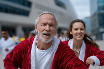 Fototapeta premium A lively scene depicting participants in Santa costumes joyfully sprinting together through an urban area, celebrating the spirit of the holidays with enthusiasm and energy.