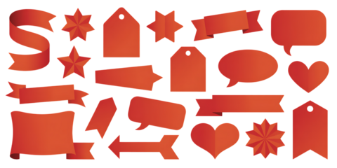 Red Decorative Elements Set – Ribbons, Tags, Speech Bubbles, Stars, Hearts, and Arrows for Graphic Design